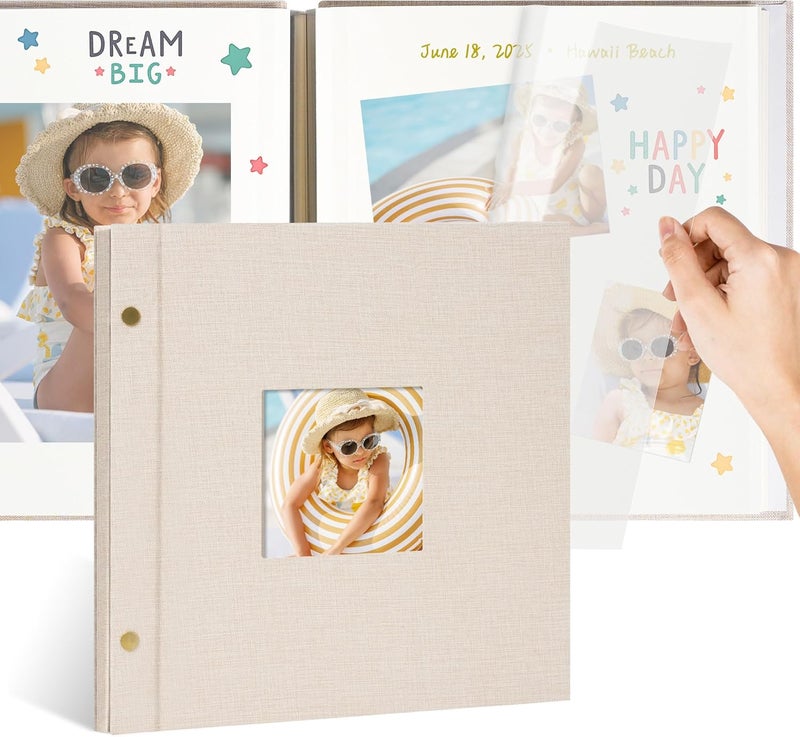 Remowith 10x10 Inch Linen Self Adhesive Photo Album with Window, 20 Pages Scrapbook for Wedding Memories & Family Keepsakes, Classic Beige, Fits 2x3 4x6 5x7 Photos - Image 1